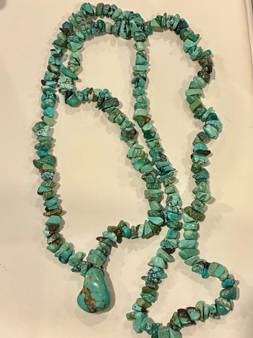 Long Turquoise Chip Bead Necklace with Turquoise Pendant